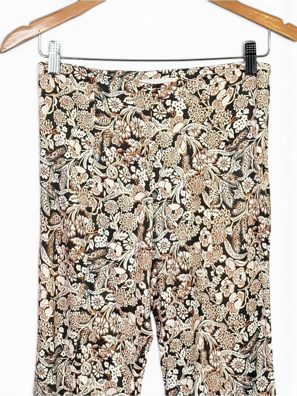 Anthropologie Floral Satin Flare Pants Retro Boho Size 2 Black Brown Cream - Picture 6 of 12